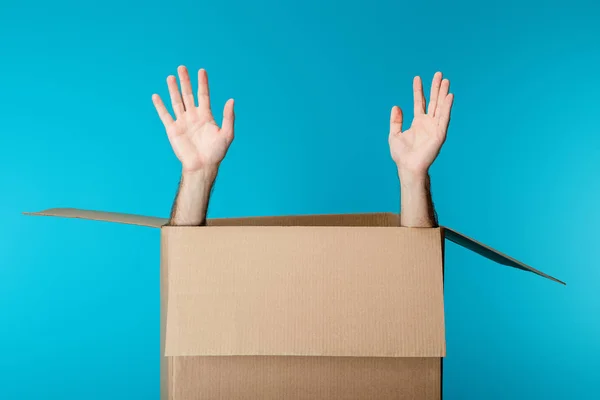 Hands Courier Cardboard Package Isolated Blue — Stock Photo, Image