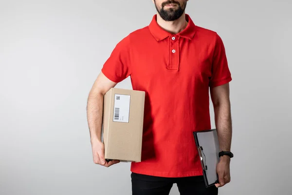 Cropped View Courier Clipboard Cardboard Box Isolated Grey — Stock Photo, Image