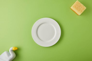 Yeşil tabakta bulaşık yıkamak için beyaz tabak, sünger ve şişe manzarası