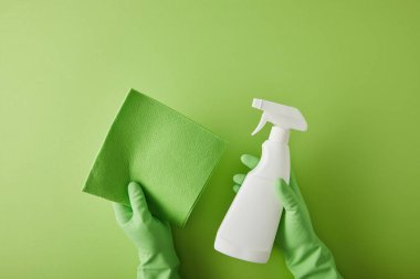 top view of housekeeper in rubber gloves holding rag and spray bottle on green  clipart