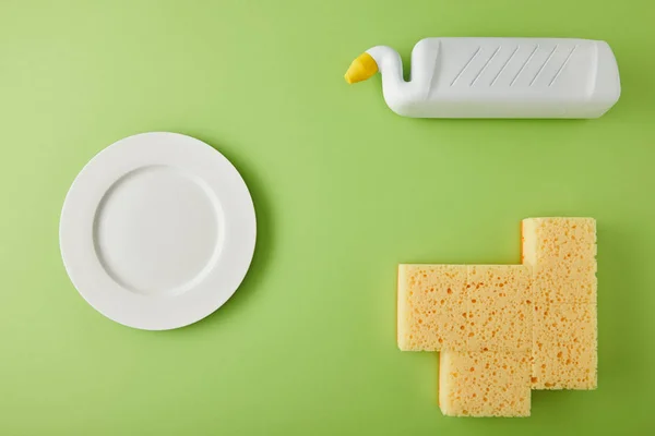 Top View Plate Sponges Bottle Dish Washing Green — Stock Photo, Image