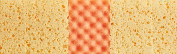 panoramic shot of yellow and orange sponges for house cleaning 