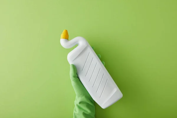 Bovenaanzicht Van Huishoudster Rubberen Handschoen Fles Met Toilet Reiniger Groen — Stockfoto