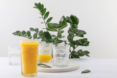 Beyaz yüzeyde, yeşil bitkinin yakınında, gri üzerine izole edilmiş lezzetli sarı smoothie.