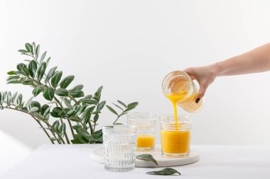 Yeşil bitkinin yakınındaki beyaz yüzeyde cam üzerine nefis sarı smoothie döken bir kadın manzarası.
