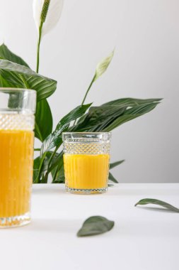 Beyaz yüzeyde yeşil barış zambağı yakınındaki taze sarı smoothie bardaklarının seçici odak noktası gri üzerinde izole edilmiş.