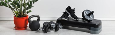 panoramic shot of sports stuff and sneakers at home with houseplant clipart