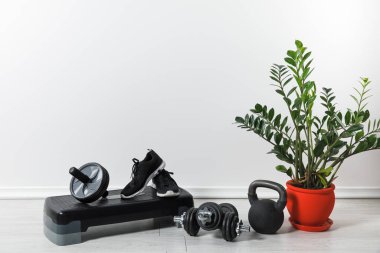 sport equipment and sneakers at home with houseplant clipart