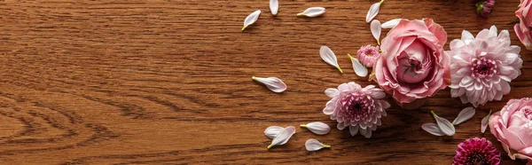 Top View Blooming Pink Spring Flowers Petals Wooden Background Panoramic — Stock Photo, Image