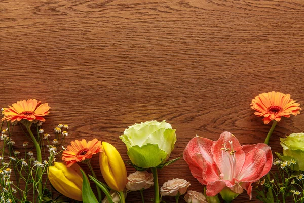 Draufsicht Auf Blühende Bunte Frühlingsblumen Auf Holzgrund — Stockfoto