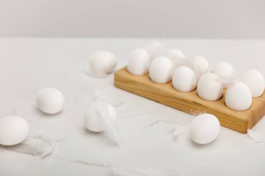 Tahtadaki tavuk yumurtalarının seçici odak noktası ve gri tüyler.