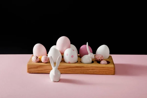 Decorative White Bunnies Easter Eggs Wooden Board Pink Black Background — Stock Photo, Image