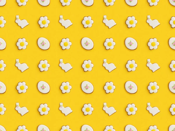 Flat Lay Tasty Easter Cookies Isolated Yellow Seamless Pattern — Stock Photo, Image