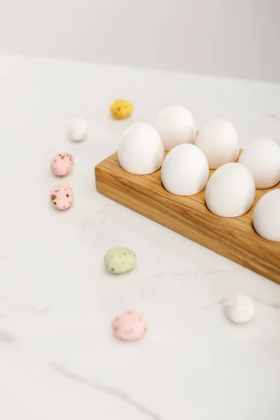 Selective Focus Colorful Quail Chicken Eggs Wooden Board White Background — Stock Photo, Image