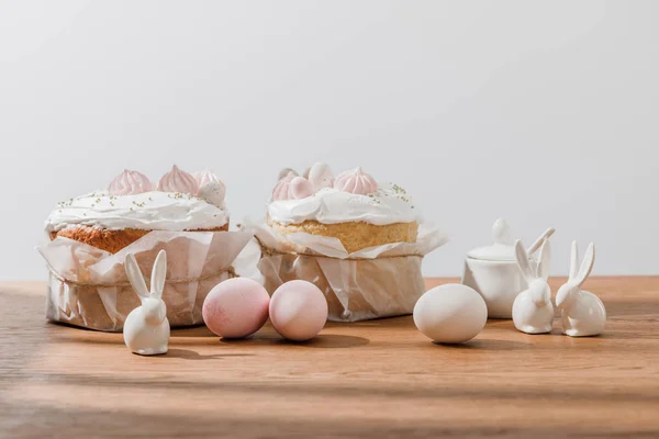 Decorative Bunnies Chicken Eggs Sugar Bowl Easter Bread Isolated Grey — Stock Photo, Image