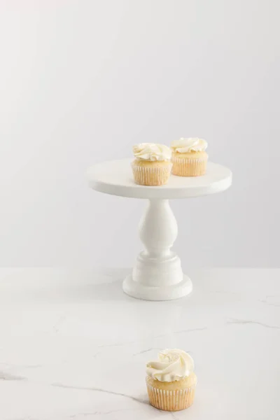 Tasty Cupcakes Cake Stand Isolated Grey — Stock Photo, Image