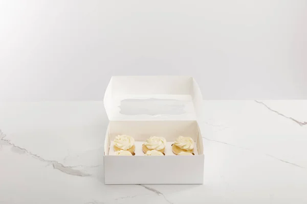 Tasty Cupcakes Box Isolated Grey — Stock Photo, Image