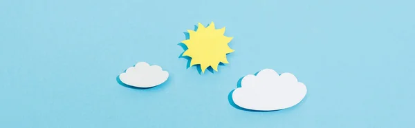 Top View Paper Cut Clouds Sun Blue Background Panoramic Shot — Stock Photo, Image