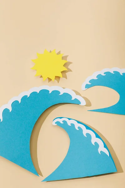 Top View Paper Cut Sun Blue Sea Waves Beige — Stock Photo, Image