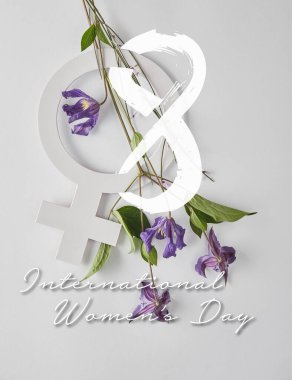 top view of violet flowers and venus sign on white background, international womens day illustration  clipart