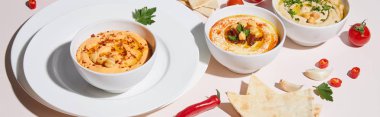 İçinde humus, sebze ve pide olan tabaklar ve kaseler gri, panoramik çekim