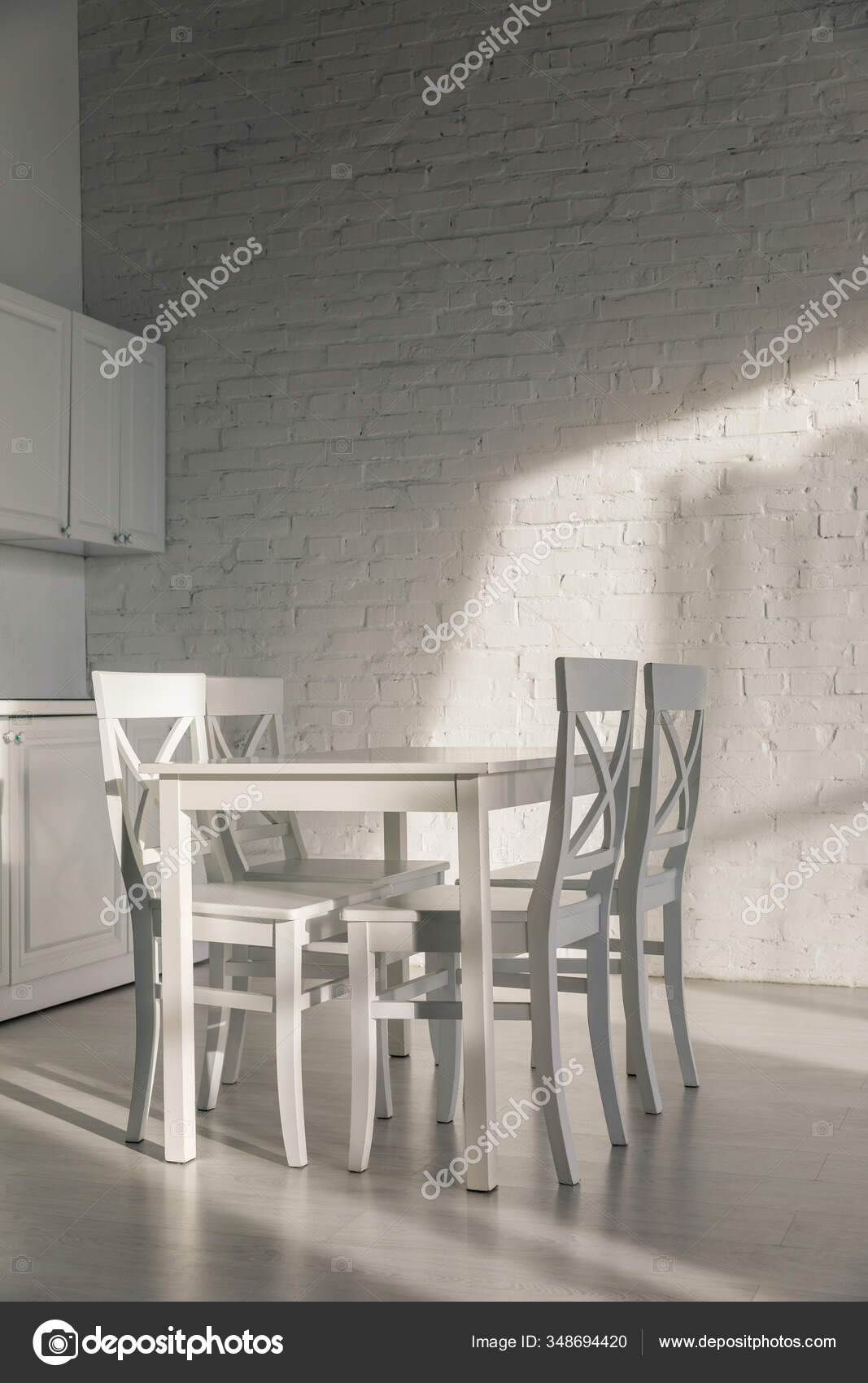 Chairs Table Brick Wall Modern Kitchen — Stock Photo © AntonMatyukha