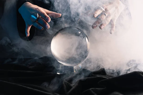 Cropped View Female Hands Crystal Ball Smoke Dark — Stock Photo, Image