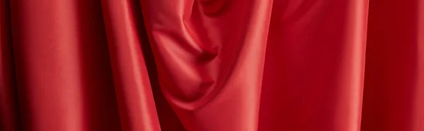 Close View Red Soft Wavy Silk Textured Cloth Panoramic Shot — Stock Photo, Image