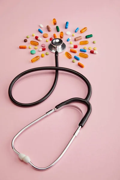 High Angle View Stethoscope Bright Medicines Pink — Stock Photo, Image