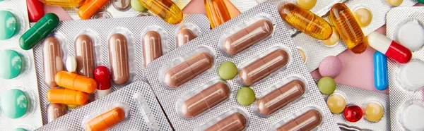 Top View Colorful Capsules Pills Pink Panoramic Shot — Stock Photo, Image