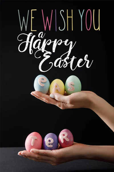 Selective Focus Easter Eggs Wooden Board Black Wish You Happy — Stock Photo, Image