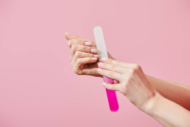 Partial view of woman doing manicure with nail file isolated on pink clipart