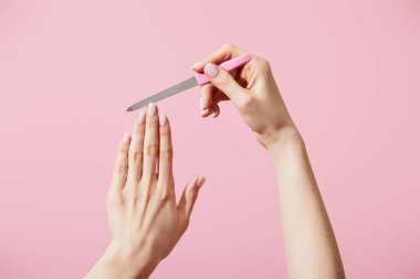 Partial view of woman filing fingernail with nail file isolated on pink clipart