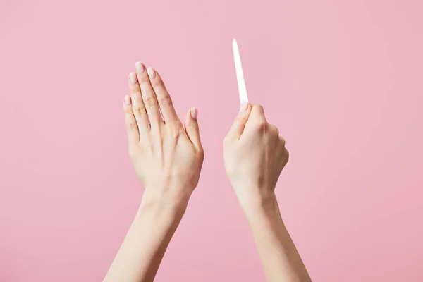 Cropped View Female Hands Nail File Isolated Pink — Stock Photo, Image