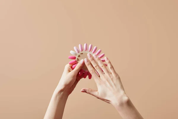 Cropped View Woman Holding Samples Nail Polish Isolated Beige — Stock Photo, Image