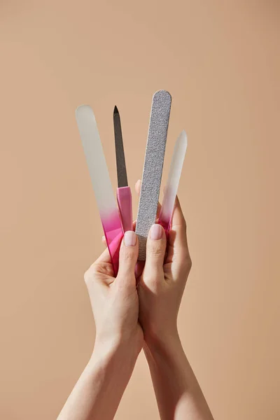 Partial View Woman Holding Nail Files Emery Board Isolated Beige — Stock Photo, Image