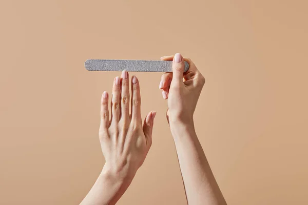 Cropped View Woman Filing Nail Emery Board Isolated Beige — Stock Photo, Image