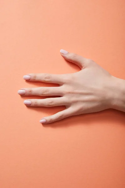 Vista Recortada Mano Femenina Con Manicura Coral — Foto de Stock