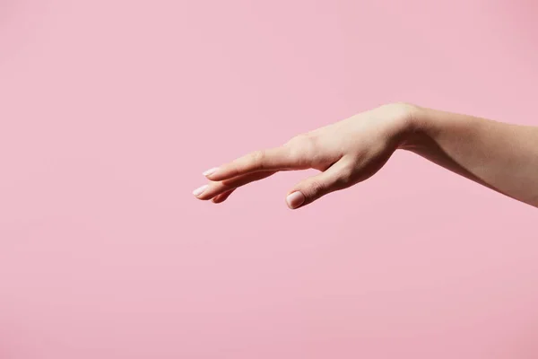 Beskärd Kvinnlig Hand Isolerad Rosa — Stockfoto