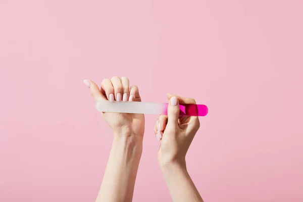 Cropped View Woman Doing Manicure Using Nail File Isolated Pink — Stock Photo, Image