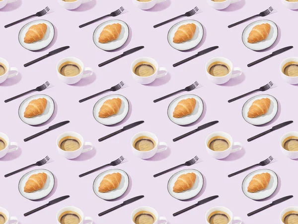 Back Forks Knives Croissants Coffee Violet Seamless Background Pattern — Stock Photo, Image