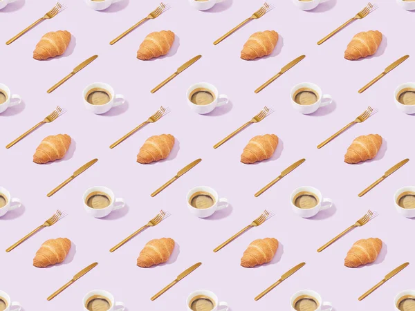 Golden Forks Knives Croissants Coffee Violet Seamless Background Pattern — Stock Photo, Image