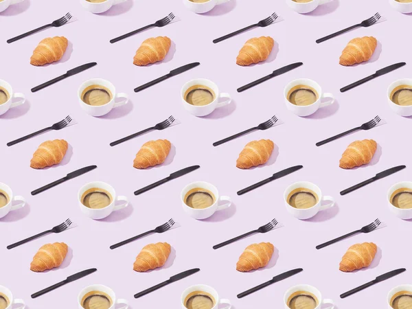 Black Forks Knives Croissants Coffee Violet Seamless Background Pattern — Stock Photo, Image