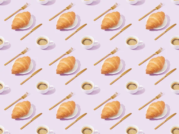 Golden Forks Knives Croissants Coffee Violet Seamless Background Pattern — Stock Photo, Image