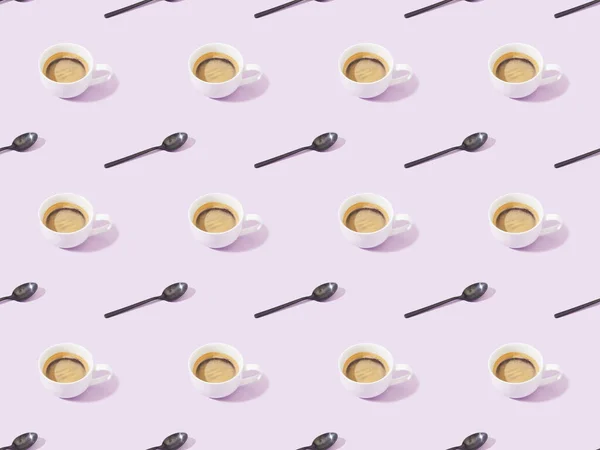 Cups Coffee Spoons Violet Seamless Background Pattern — Stock Photo, Image