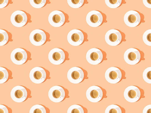 Top View Cups Fresh Coffee Plates Orange Seamless Background Pattern — Stock Photo, Image