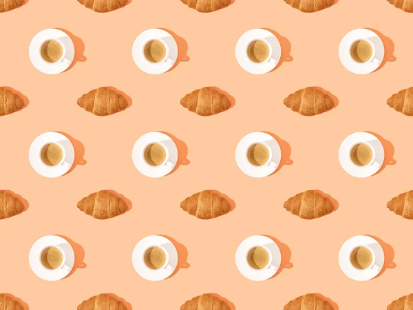Top View Fresh Croissants Plates Coffee Orange Seamless Background Pattern — Stock Photo, Image