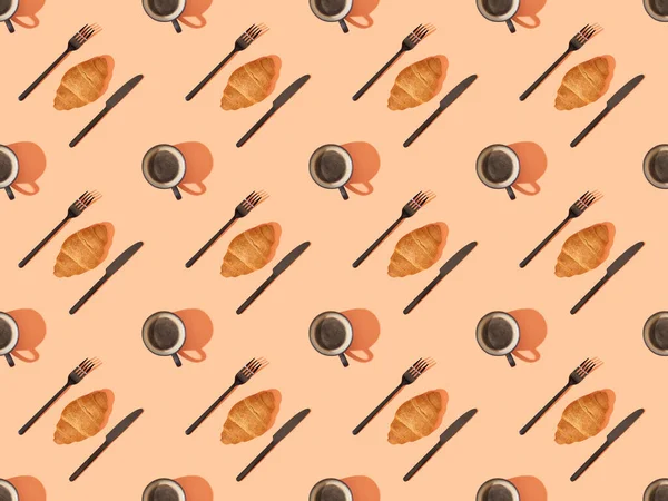 Top View Cutlery Fresh Croissants Coffee Orange Seamless Background Pattern — Stock Photo, Image
