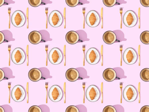 Top View Cutlery Croissants Plates Coffee Pink Seamless Background Pattern — Stock Photo, Image