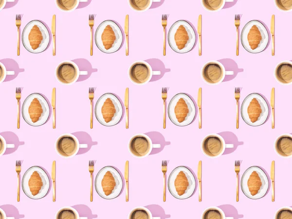 Top View Cutlery Croissants Plates Coffee Pink Seamless Background Pattern — Stock Photo, Image